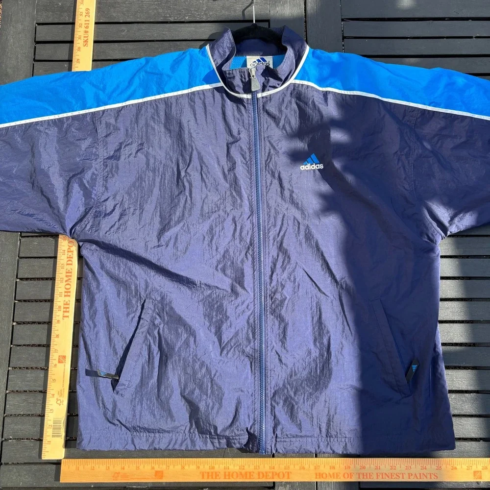 Adidas Windbreaker Jacket Mens L Navy Blue Excellent Vintage 3-Stripe Zip Up
